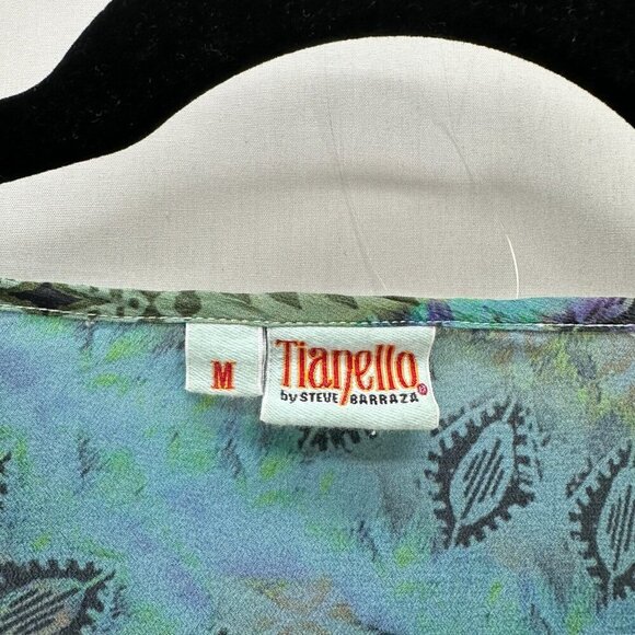 Tianello Blouse Womens M Boho Tunic Silk Printed Kimono Sleeve Asymmetric Green - Picture 7 of 11